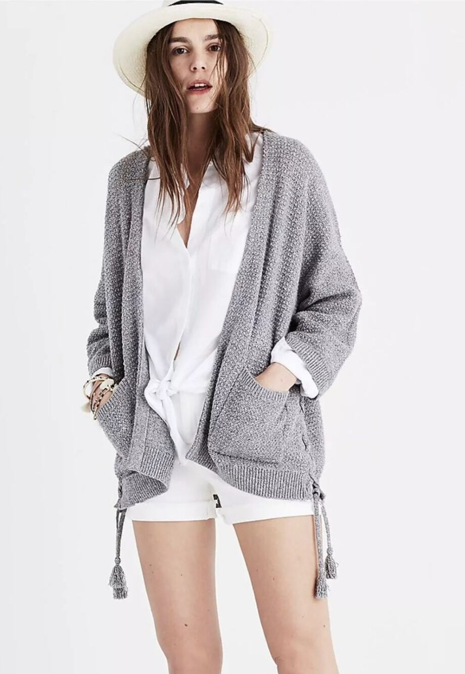 Madewell Side Lace Gray Cardigan Sweater Open Ties Seed Stitch M Medium